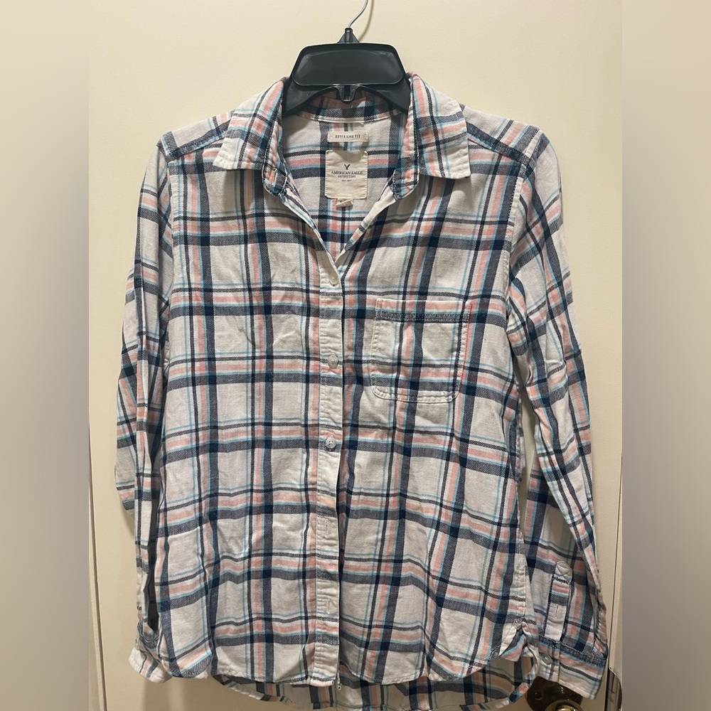 American Eagle Outfitters White Plaid Button-Down Shirt with Navy & Pink Stripes